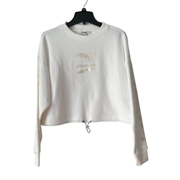 Puma Size S White Evide Crew Sweatshirt Drawstring Hem Relaxed Fit - Picture 2 of 8